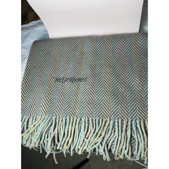 Yves Saint Laurent Wool Square Wrap Scarf Brown Taupe Gray Herringbone Fringe - Picture 2 of 6